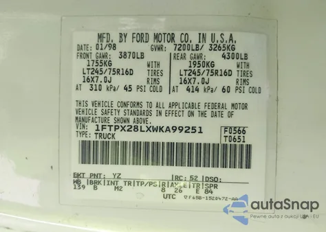 1998 Ford F-250 Lariat/Standard/Xl/Xlt из США, поврежденный, VIN 1FTPX28LXWKA99251